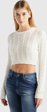 Benetton, Maglia Cropped A Trecce, Bianco Panna, Donna