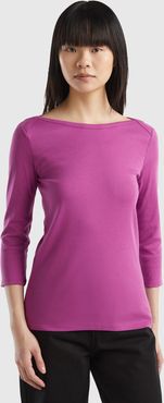 Benetton, T-shirt Con Scollo A Barchetta 100% Cotone, Viola, Donna