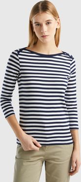 Benetton Online exclusive, T-shirt Manica 3/4 A Righe In Puro Cotone, Blu Scuro, Donna