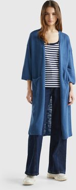 Benetton, Cardigan Lungo In Misto Lino, Avio, Donna