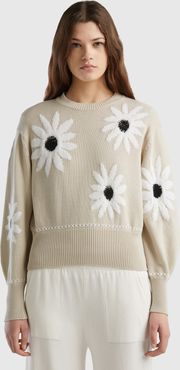 Benetton, Maglione Con Intarsi Fiori, Beige, Donna