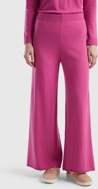 Benetton, Pantaloni Ampi Rosa In Misto Lana E Cashmere, Rosa, Donna