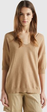 Benetton, Maglia In Misto Cotone E Lino, Beige, Donna