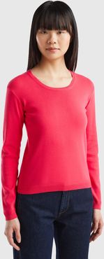 Benetton, Maglia Girocollo In Puro Cotone, Fucsia, Donna