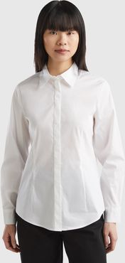 Benetton, Camicia In Misto Cotone Stretch, Bianco, Donna