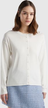 Benetton, Cardigan Girocollo Con Bottoni, Bianco Panna, Donna