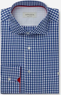 Camicia quadri piccoli azzurro 100% puro cotone tela doppio ritorto, collo stile collo francese aggiornato a punte corte