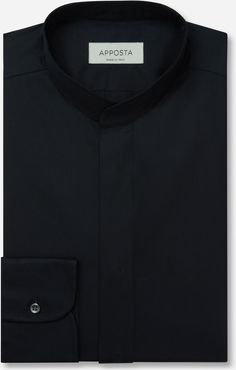 Camicia tinta unita nero 100% puro cotone popeline doppio ritorto, collo stile coreano senza bottone