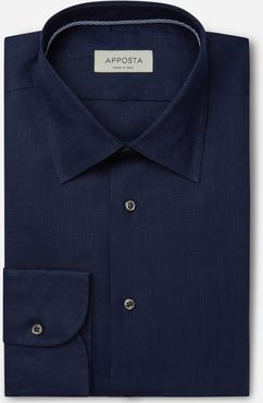 Camicia tinta unita blu lino tela, collo stile collo italiano basso
