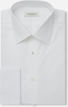 Camicia tinta unita bianco 100% puro cotone popeline giza 87, collo stile collo italiano basso, polso da gemelli