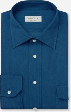 Camicia tinta unita blu 100% puro cotone denim, collo stile collo italiano basso