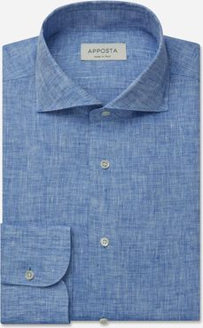 Camicia tinta unita azzurro lino tela lino normandia, collo stile collo francese basso