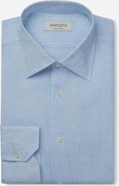 Camicia tinta unita azzurro lino tela, collo stile collo italiano basso
