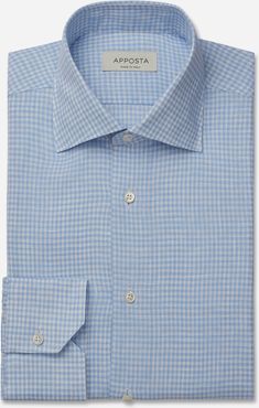 Camicia quadri piccoli azzurro lino tela lino normandia, collo stile collo semifrancese