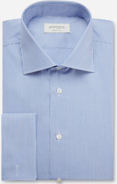 Camicia righe azzurro 100% cotone stiro facile popeline, collo stile collo semifrancese, polso da gemelli