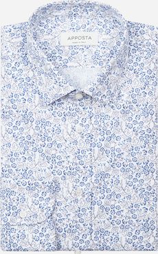 Camicia disegni a fiori azzurro 100% puro cotone popeline, collo stile collo italiano aggiornato a punte corte