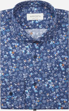 Camicia disegni a fiori blu 100% puro cotone popeline, collo stile collo francese basso