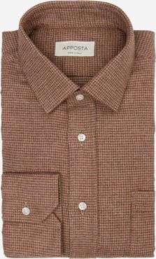 Camicia pied de poule marrone flanella twill doppio ritorto, collo stile collo italiano aggiornato a punte corte