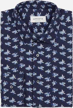 Camicia disegni a fiori blu 100% puro cotone seersucker, collo stile collo italiano aggiornato a punte corte