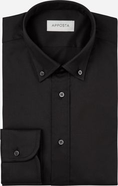 Camicia tinta unita nero cotone stretch anti-macchia popeline doppio ritorto oekotex, collo stile collo button down piccolo