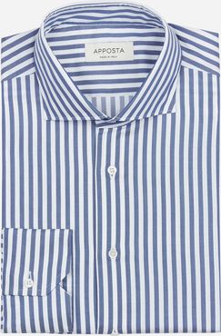 Camicia righe blu cotone stretch twill, collo stile collo francese aggiornato a punte corte