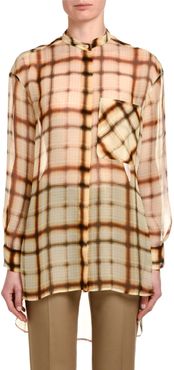 Plaid Silk Chiffon Button-Front Oversized Blouse