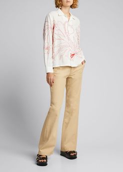 Embroidered Floral Redwork Cotton Shirt