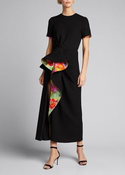Floral-Printed Cascade Midi Shirt Dress