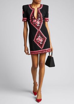 Floral-Embroidered Crepe Cocktail Dress