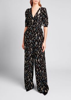 Silk 1/2-Sleeve V-Neck Jumpsuit