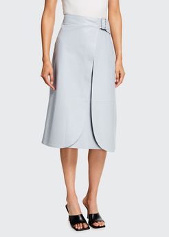 Faux-Wrap Buckle Leather Midi Skirt