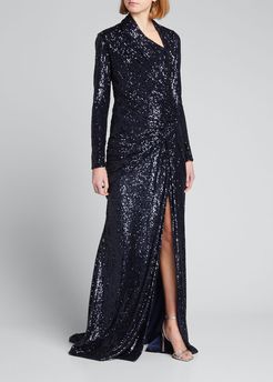 Sequin-Embellished Draped Long-Sleeve Gown