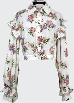Floral-Print Ruffle Button-Front Crop Top