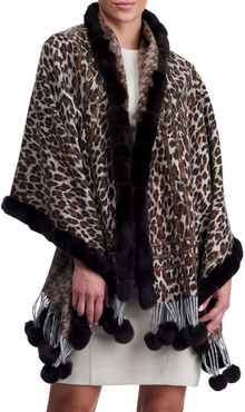 Double Face Cashmere Leopard-Print Stole w/ Rabbit Fur Trim