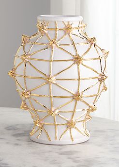 Golden Ceramic Crisscross Vase with Pink Gems
