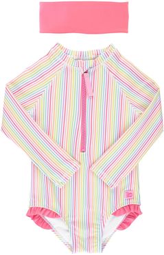 Girl's Rainbow Stripe Long-Sleeve One-Piece Rash Guard w/ Headband, Size 2-10