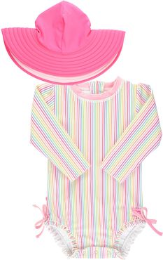 Girl's Rainbow Stripe One-Piece Long-Sleeve Rash Guard w/ Hat, Size 0M-3