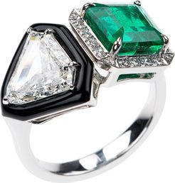 Oui 18k White Gold Emerald Square & Diamond Trillion Ring