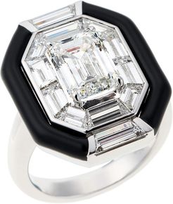 Oui 18k White Gold Emerald-Cut Diamond Ring with Black Enamel