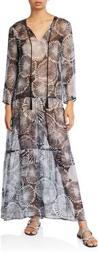 Tiered Dandelion-Print Long Coverup Dress