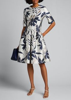 Leaf-Print Jacquard Cocktail Dress
