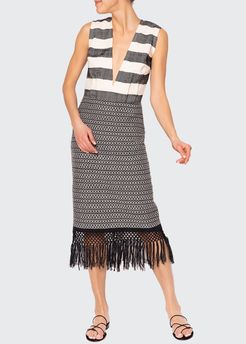 Yalitza Backless Plunge-Neck Maxi Dress w/ Fringe Skirt