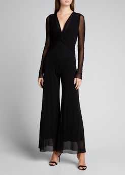 Long-Sleeve Flare-Leg Tulle Jumpsuit