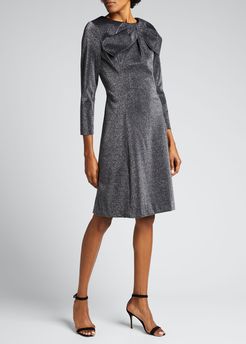 Asymmetric Bow-Neck Stretch Metallic Knit Dress