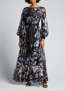 Sequin Embellished Blouson-Sleeve Floral Tulle Gown