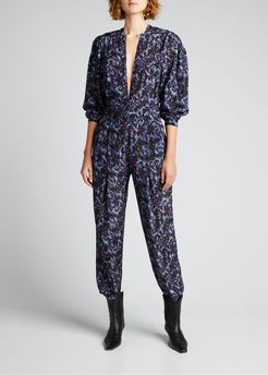 Lanta Plunging Long-Sleeve Printed Jumpsuit