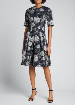 Elbow-Sleeve Floral Brocade Cocktail Dress
