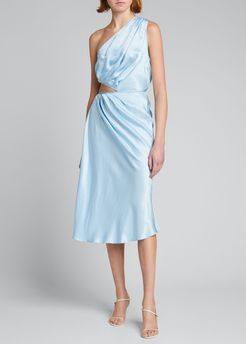 One-Shoulder Satin Cutout-Waist Cocktail Dress