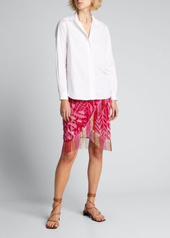Abstract Wrap-Front Fringe-Trim Skirt