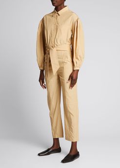 Frankie Cotton Puff-Sleeve Belted Jumpsuit